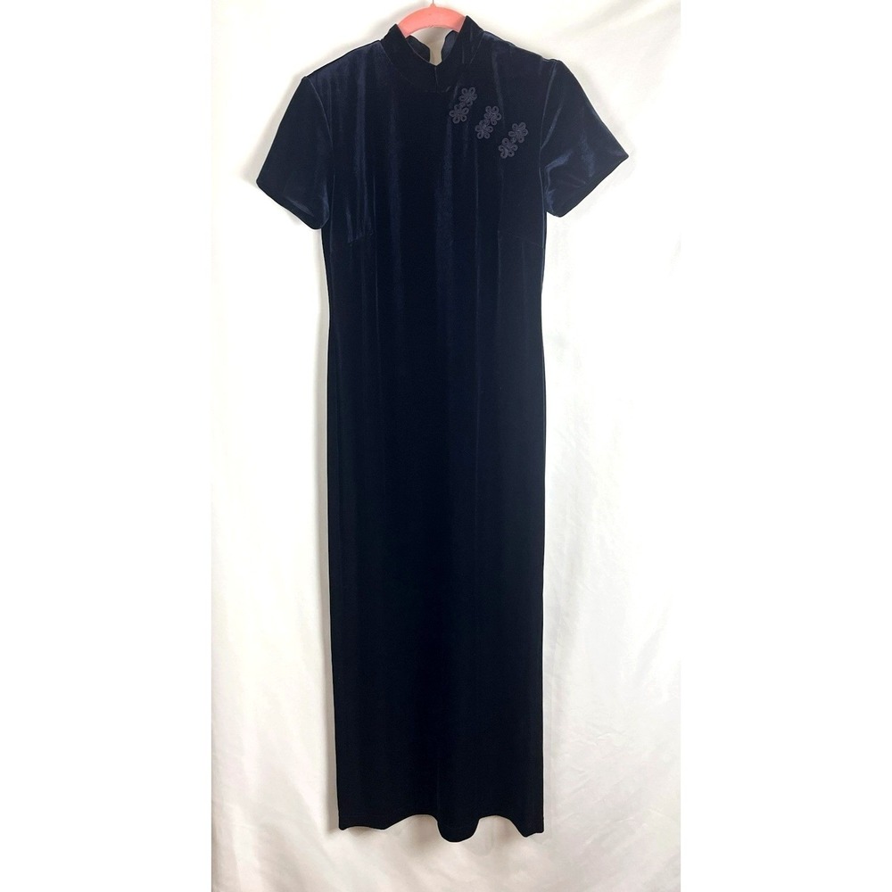 Vintage 90s Midnight Blue Velvet Chinese Qipao Cheongsam Maxi Dress 4 Whimsigoth